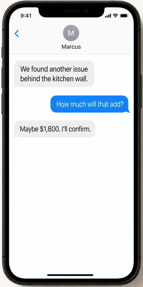 Phone showing a text thread: a contractor reporting a hidden issue and a possible $1,800 cost