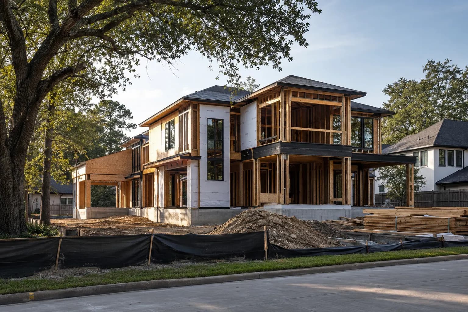 New two-story home under framing at golden hour