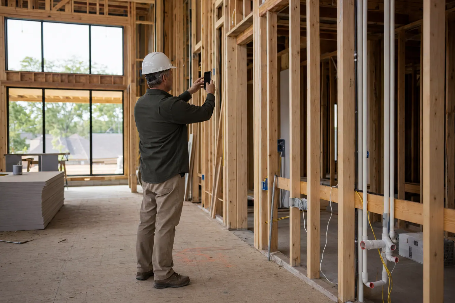 Site manager in a hard hat photographing framing during a walkthrough